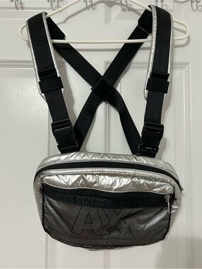 Armani Exchange crossbody chest pack backpack in silver and black